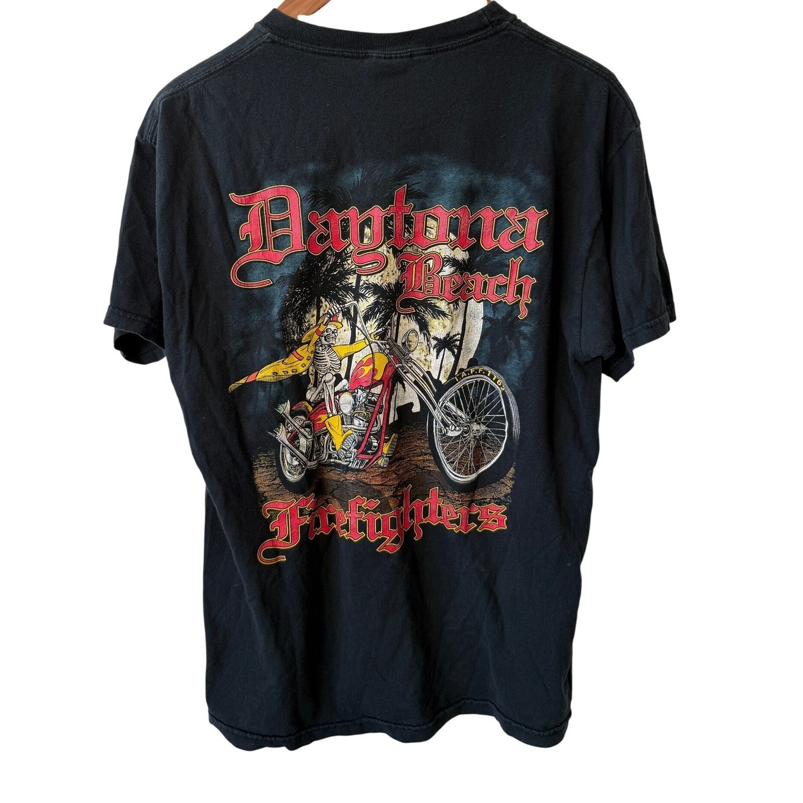 Daytona Beach Firefighters Skeleton Chopper TShirt Black Mens Large Iaff 1162